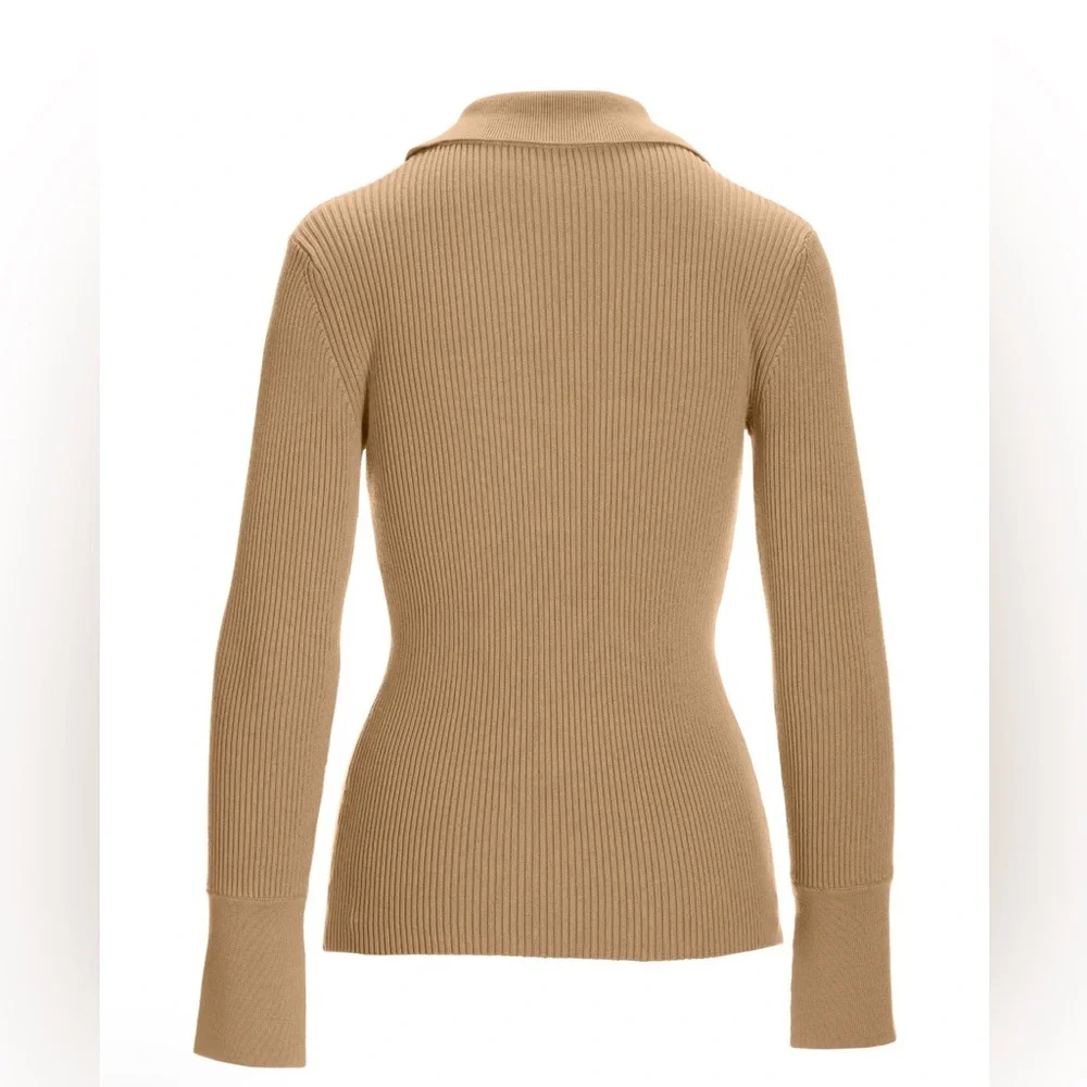 Boston Proper Ribbed Polo Sweater Tan Small Knit Preppy Classic
